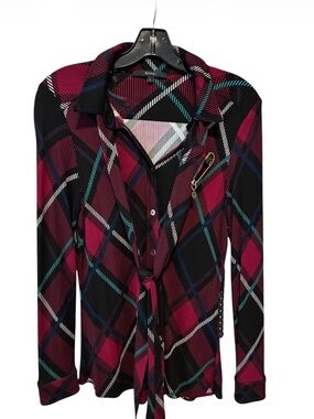 Gucci Burgundy Plaid Button Down with Removable Brooch /Tie/Scarf